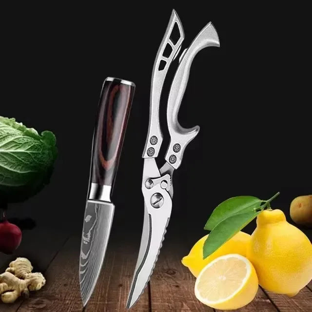 Laser Damascus Kitchen Knife Cleaver Meat Fruit Bread Knife Barbecue Boning Knife Cut Chicken Convenient Scissors Kitchen Knives