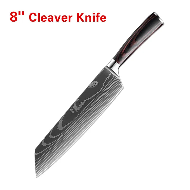 Laser Damascus Kitchen Knife Cleaver Meat Fruit Bread Knife Barbecue Boning Knife Cut Chicken Convenient Scissors Kitchen Knives