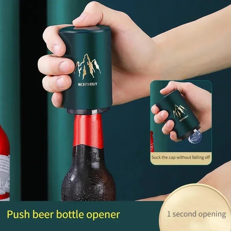 Magnetic Automatic Beer Bottle Opener – Stainless Steel Press-Type Corkscrew Tool for Kitchen & Bar