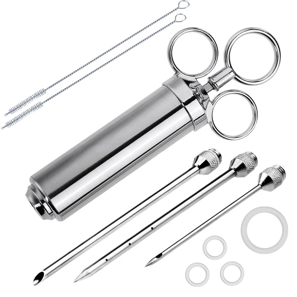Stainless Steel Meat Injector Kit – Flavor Marinade Syringe with 3 Needles for Juicy, Tender Meat