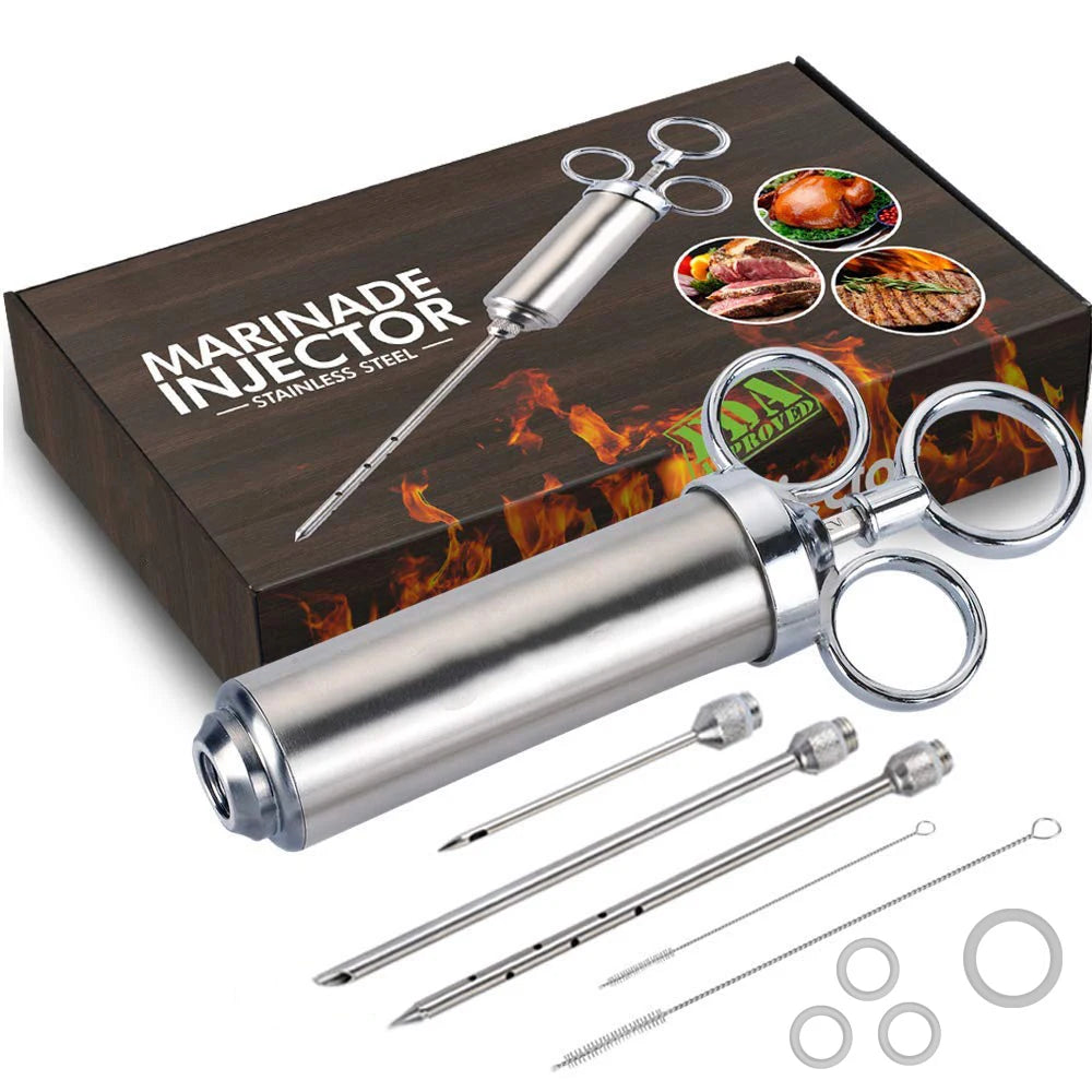 Stainless Steel Meat Injector Kit – Flavor Marinade Syringe with 3 Needles for Juicy, Tender Meat