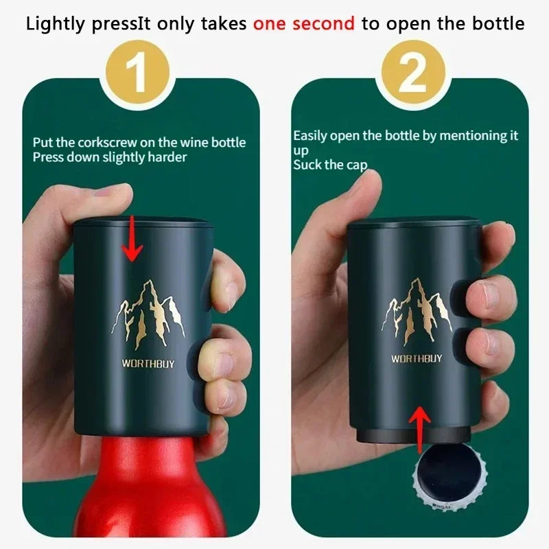 Magnetic Automatic Beer Bottle Opener – Stainless Steel Press-Type Corkscrew Tool for Kitchen & Bar